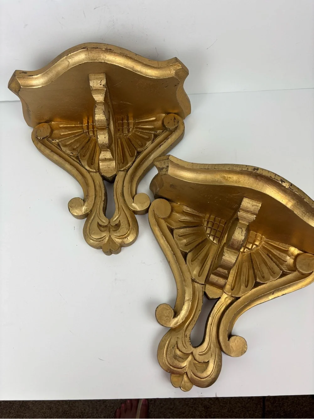 Vintage Wood Wall Bracket Shelf Pair (2) Ornate Carved-Painted Gold